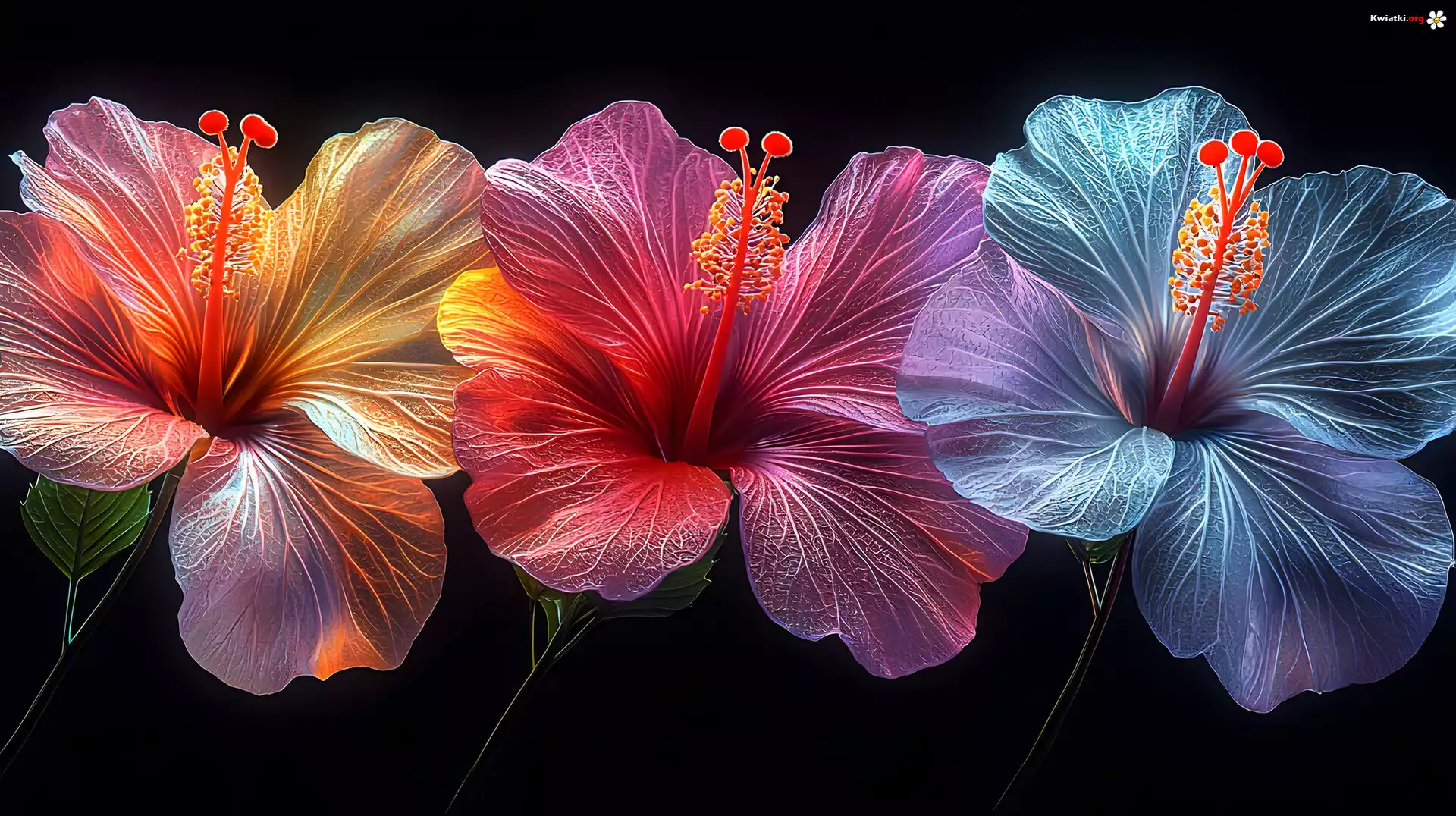 Kwiaty, Trzy, Kolorowe, Hibiskusy