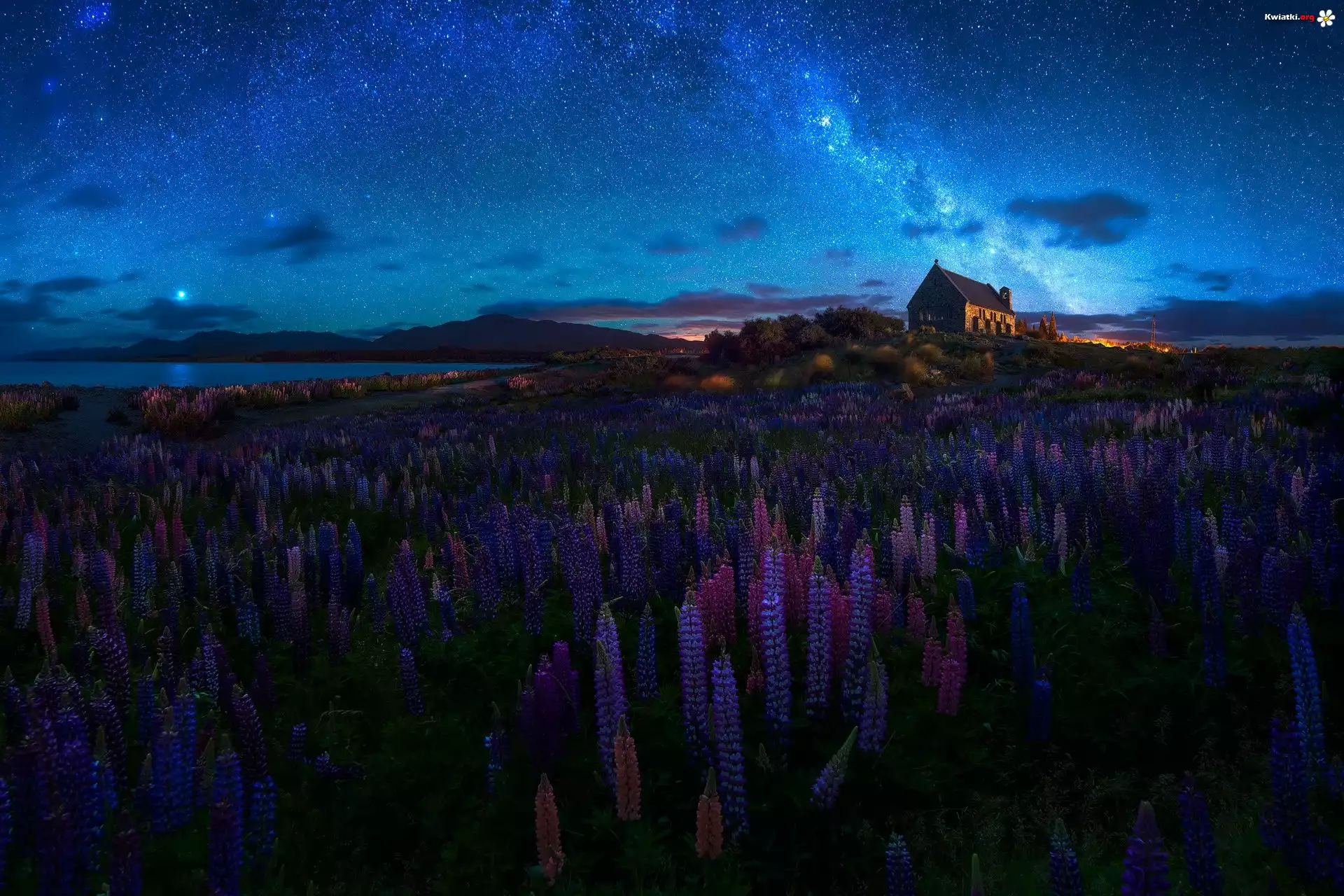 Jezioro Tekapo, Łąka, Łubin, Kościół Dobrego Pasterza, Church of the Good Shepherd, Noc, Gwiazdy, Wyspa Południowa, Nowa Zelandia