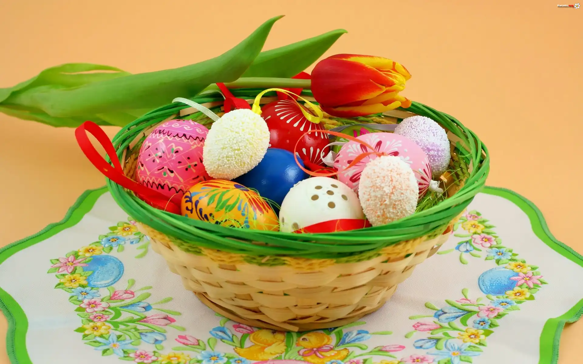 Kolorowe, Pisanki, Tulipan, Koszyk, Serweta, Wielkanoc