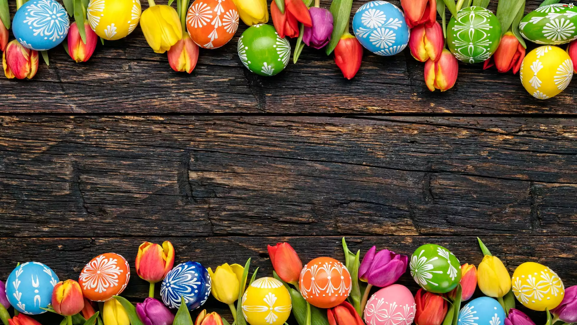 Kompozycja, Wielkanoc, Pisanki, Tulipany, Deski