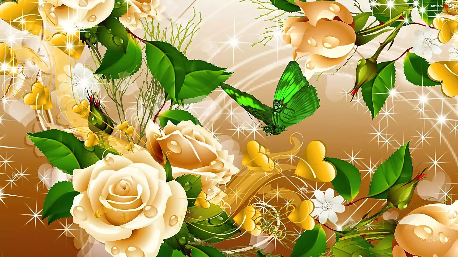 Kremowe, Róże, Motyl, Art