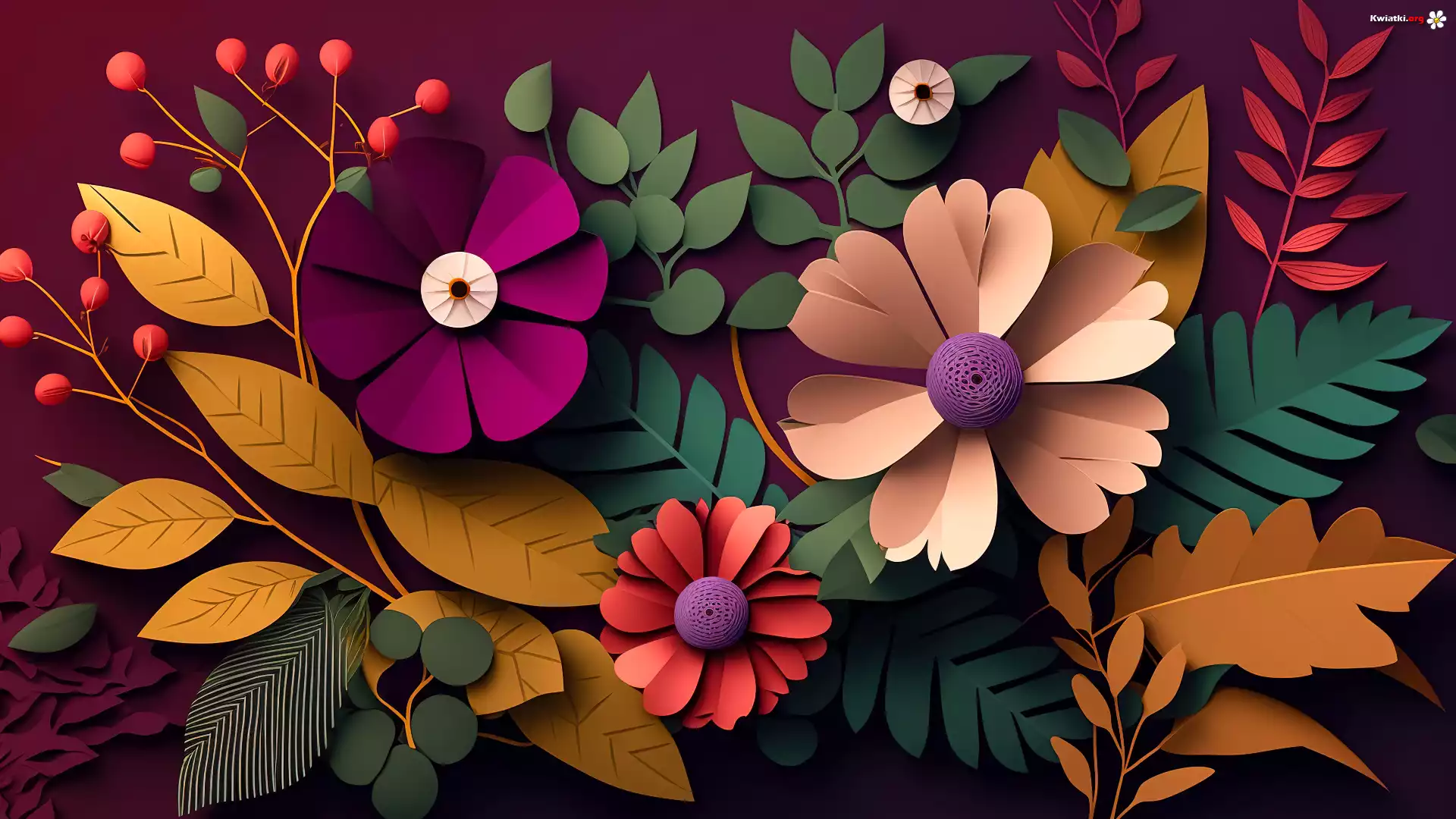 Kolorowe, Kwiaty, Liście, Grafika AI