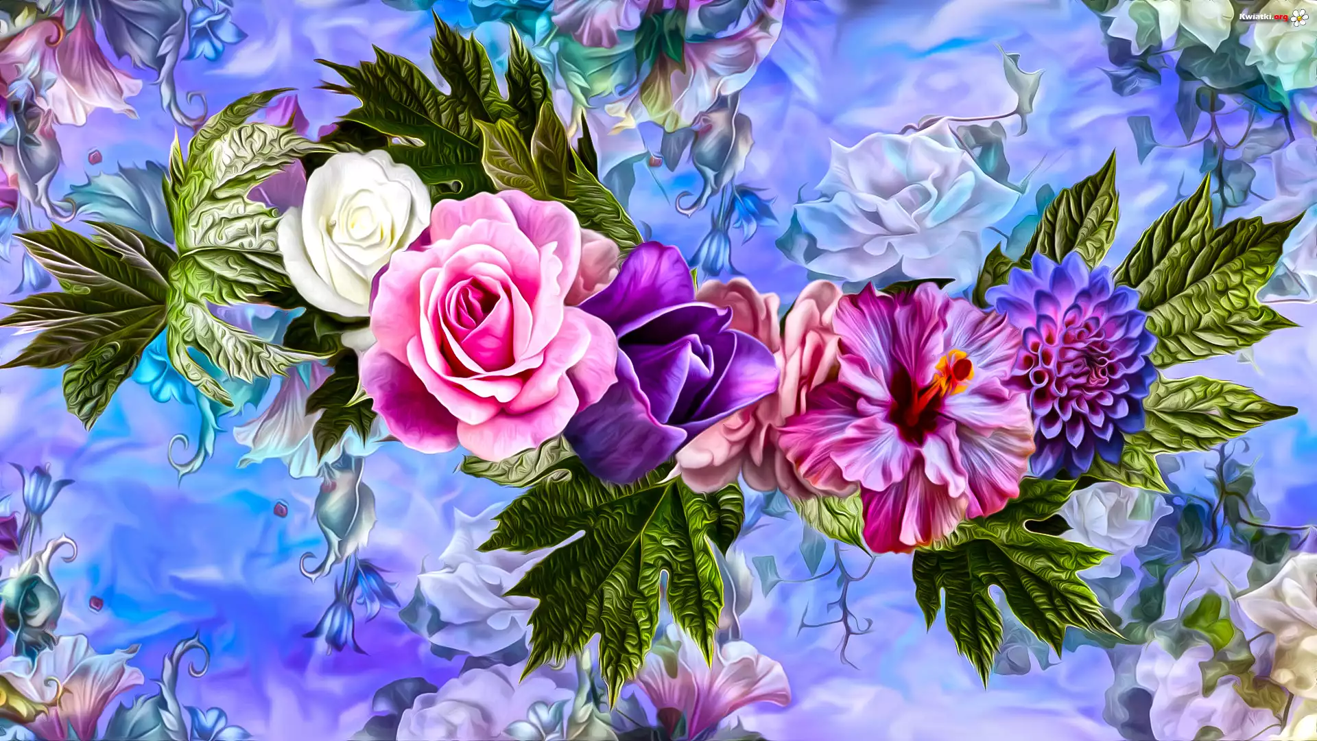 Kwiaty, Róże, Hibiskus, Dalia, Listki, Grafika