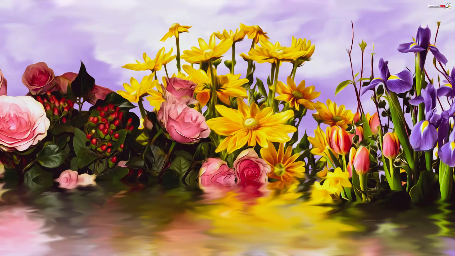 Kwiaty, Róże, Tulipany, Irysy, Rudbekia, Grafika