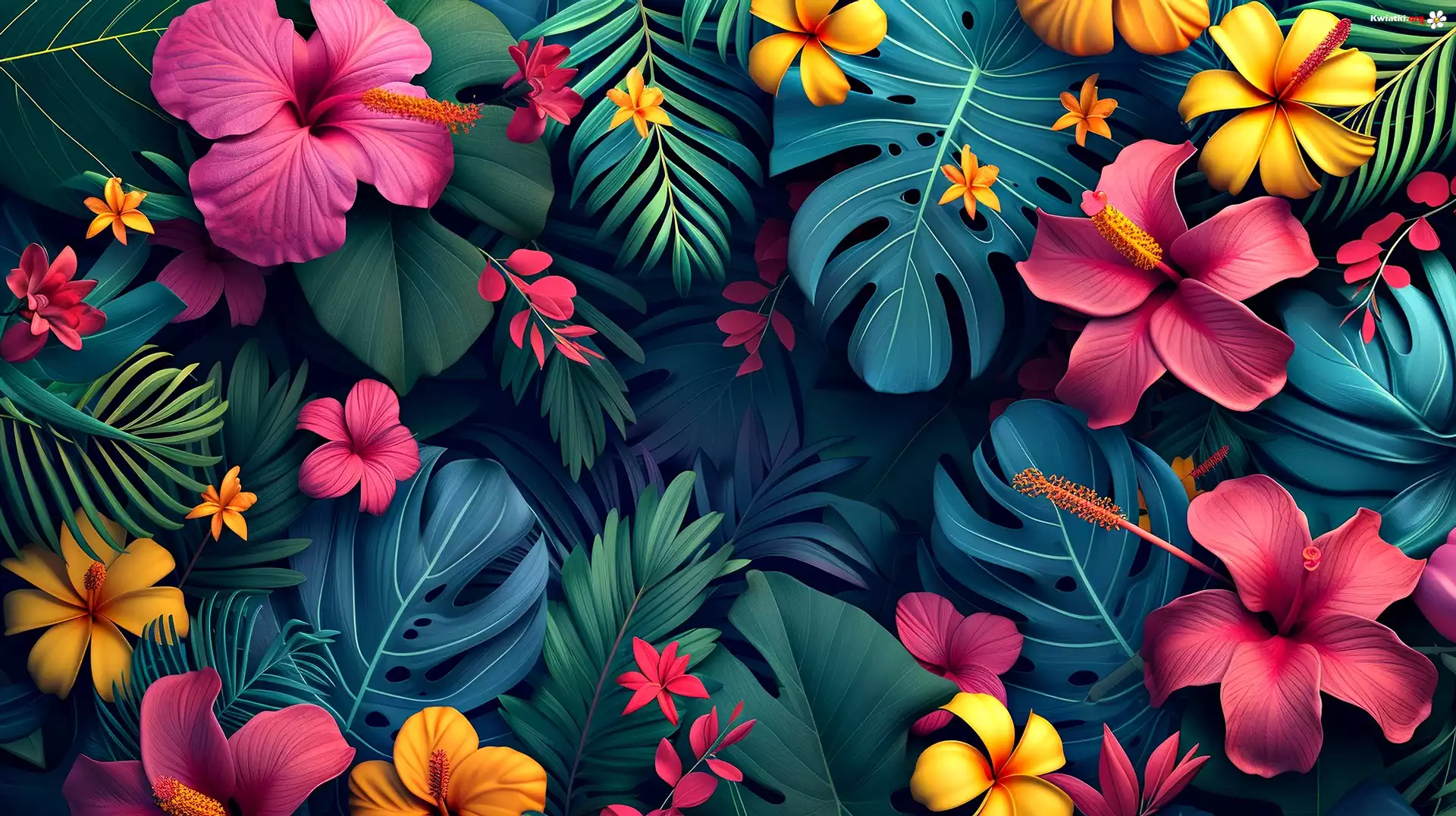 Hibiskus, Plumeria, Kwiaty, Liście, Monstera, Grafika
