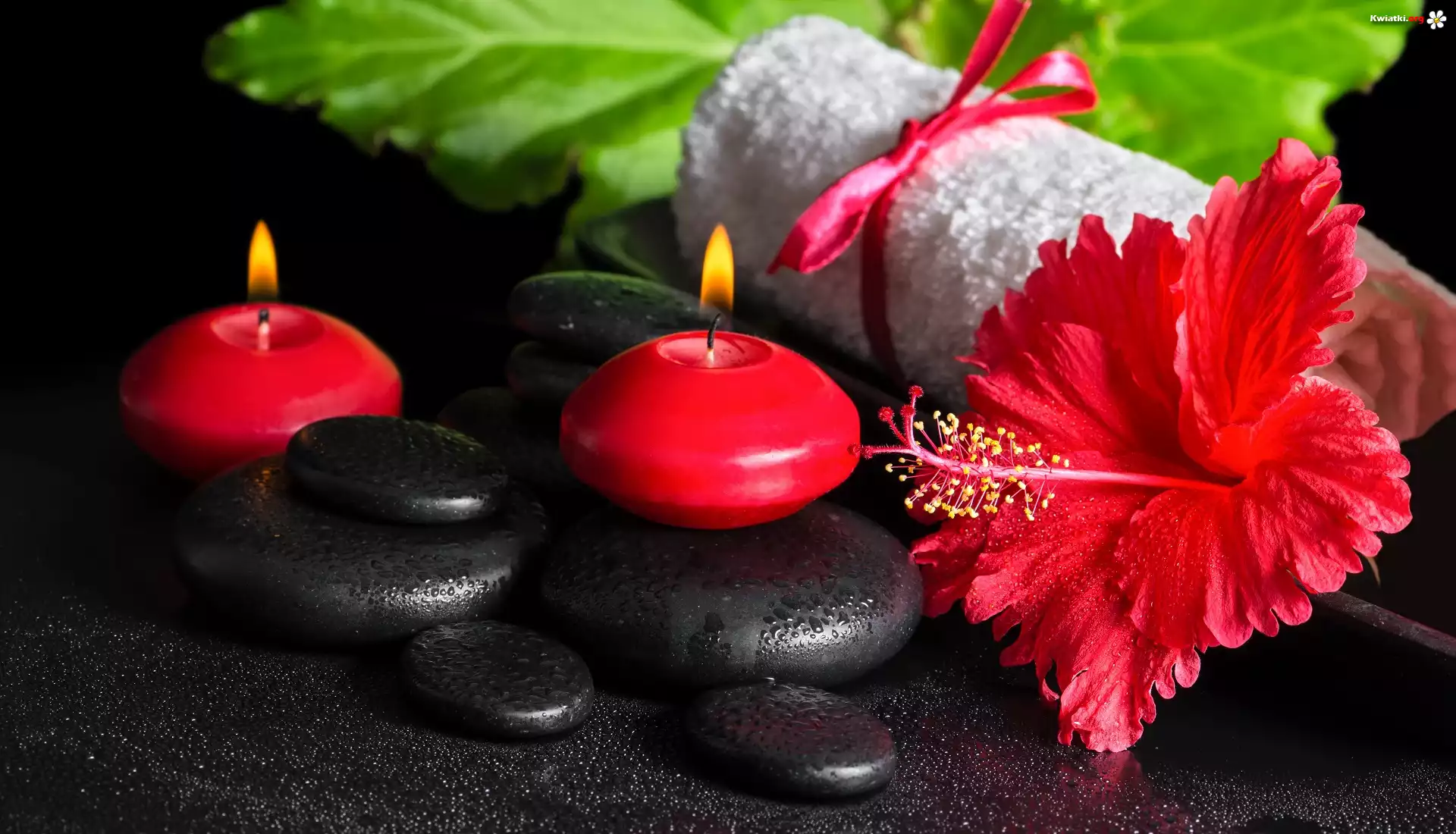 SPA, Relaks, Czerwone, Świece, Kwiat, Hibiskus, Kamienie, Ręcznik