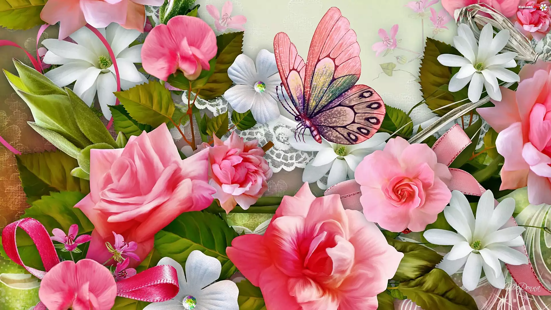 Różowe, Róże, Kwiaty, Motyl, Art