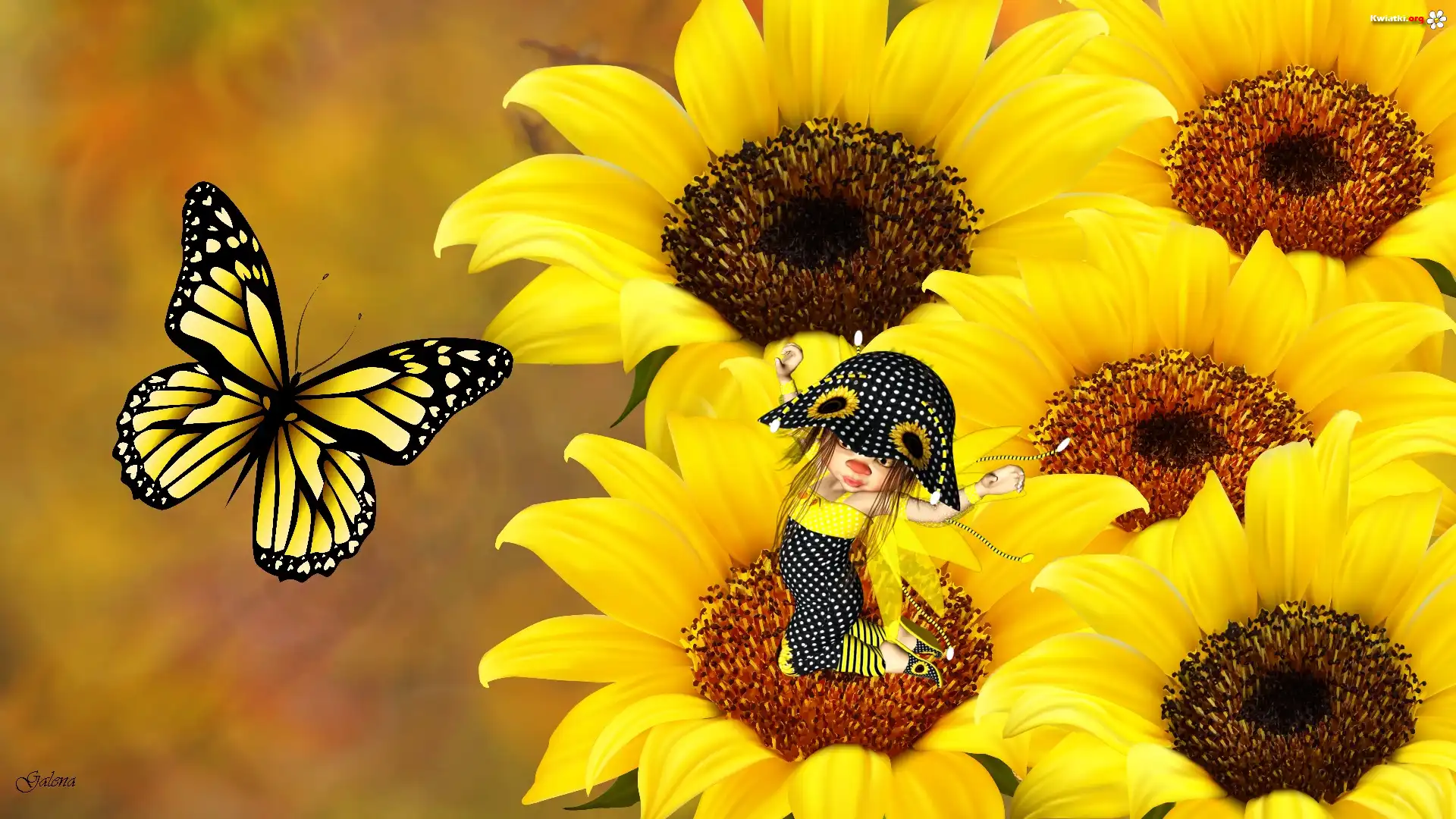 Słoneczniki, Laleczka, Motyl, Grafika