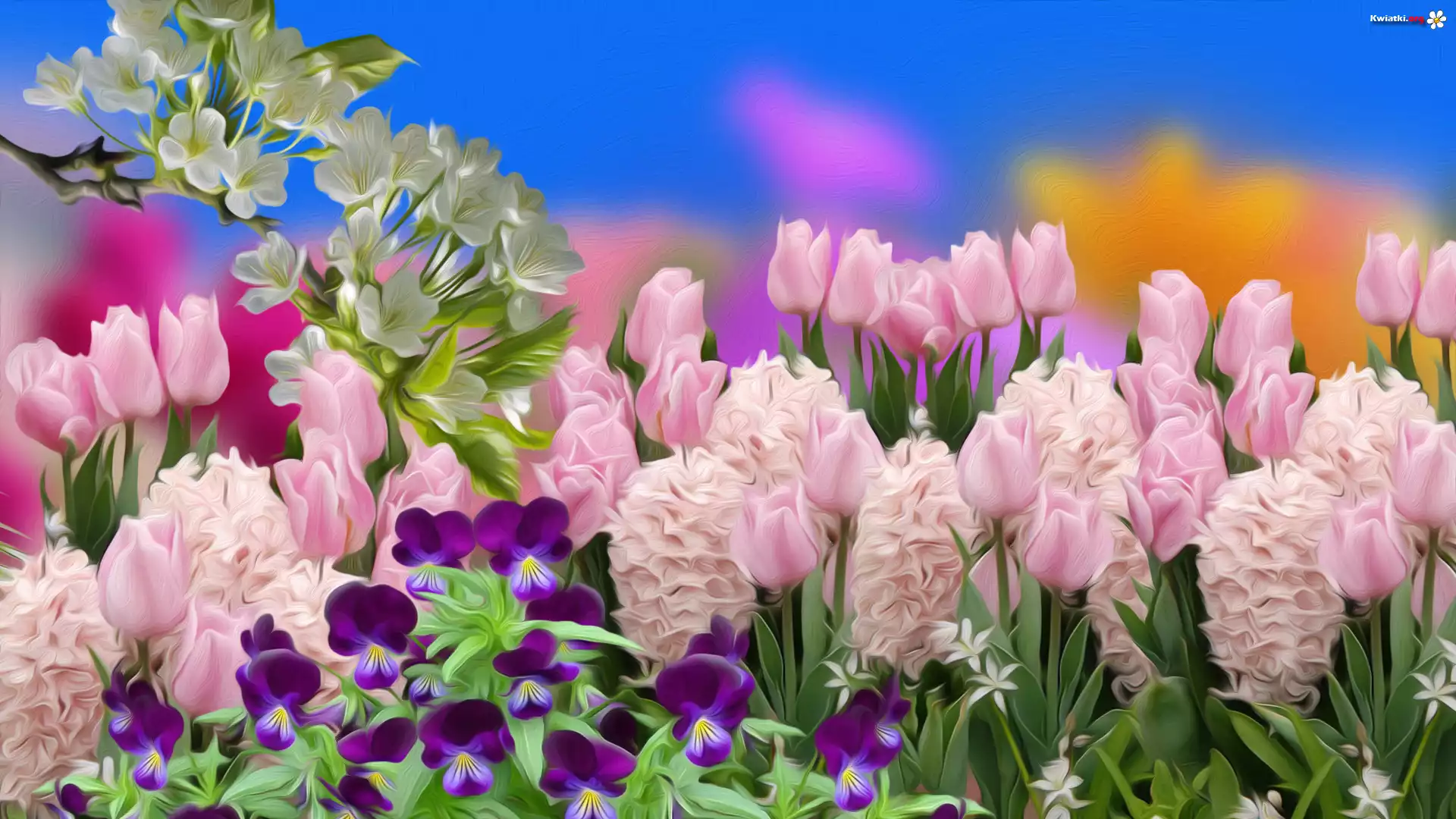 Kwiaty, Tulipany, Hiacynty, Bratki, Gałązka, Grafika, Wiosna