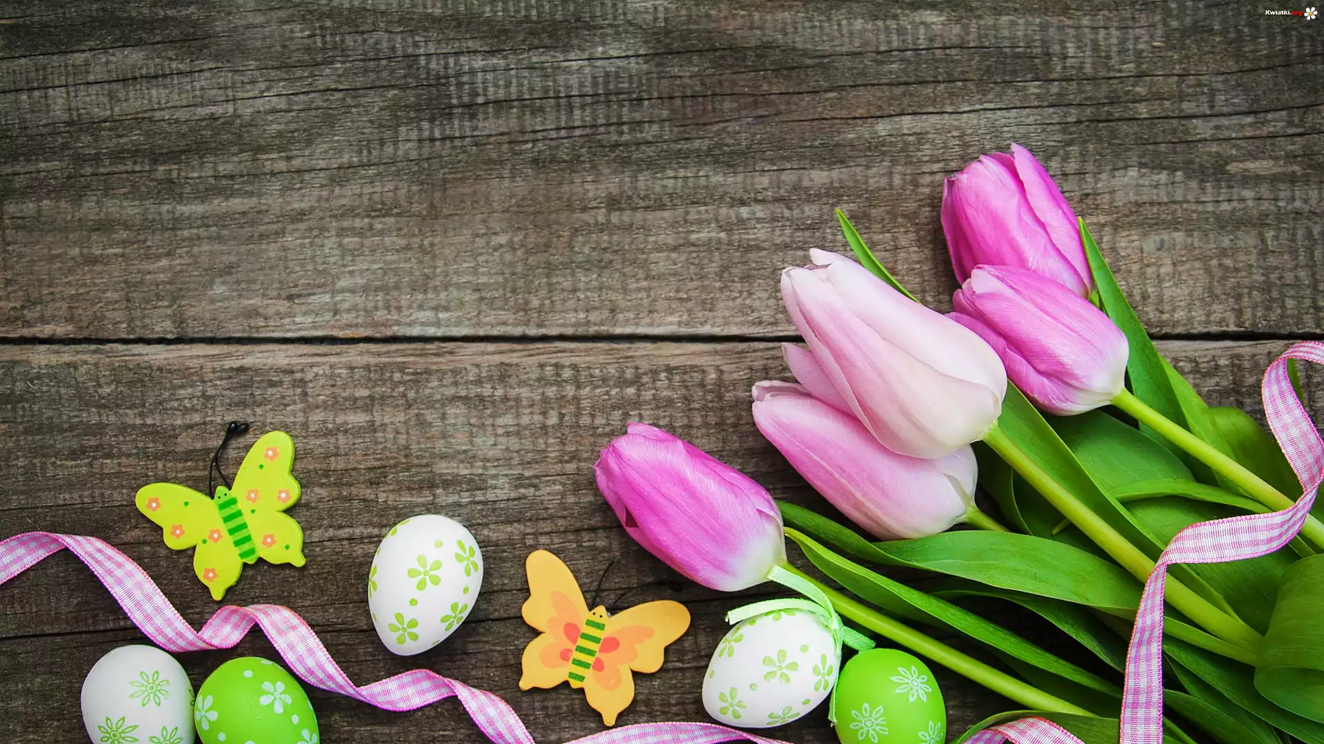Tulipany Motyle, Pisanki, Wstążka, Wielkanoc, Deski
