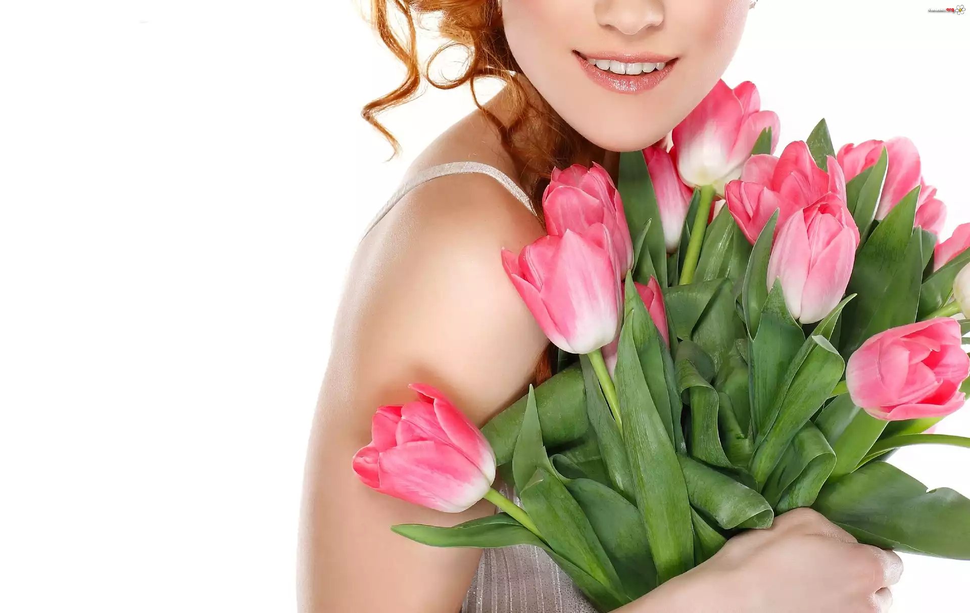 Kobieta, Uśmiech, Tulipany