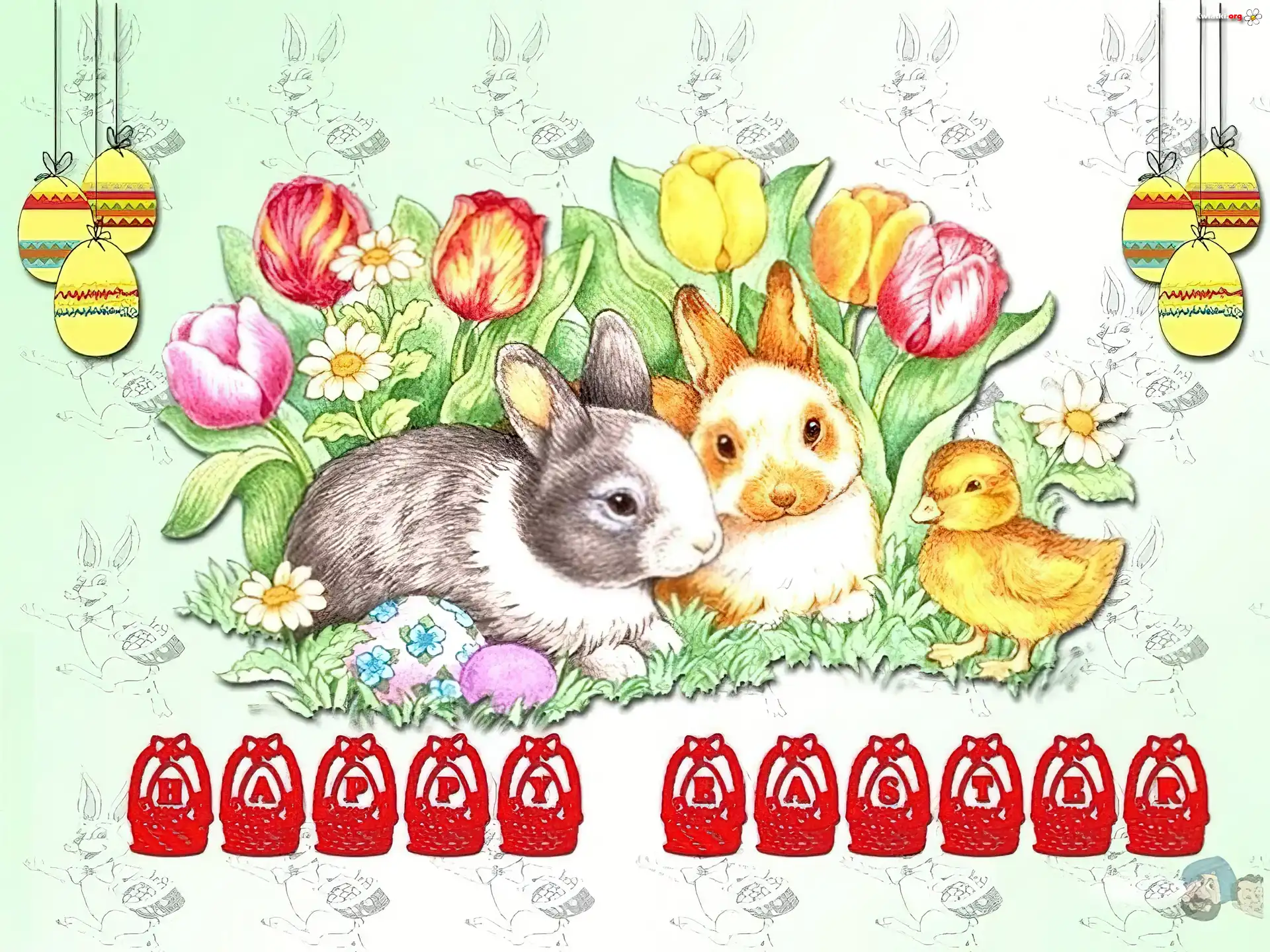 Wielkanoc,zajączki,kurczaczek,jajeczka, Tulipany