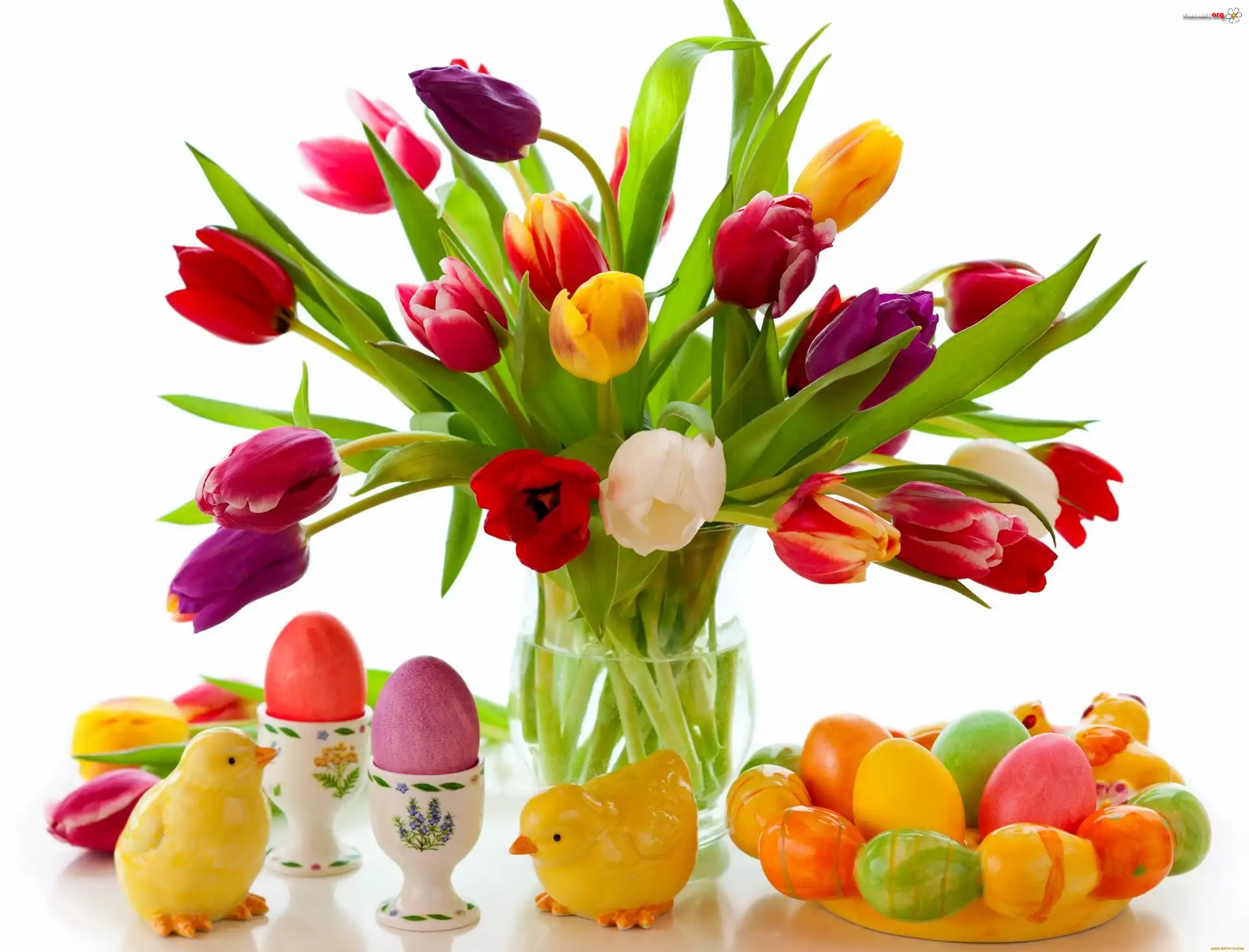 Wielkanoc, Tulipany, Bukiet, Kolorowe, Pisanki