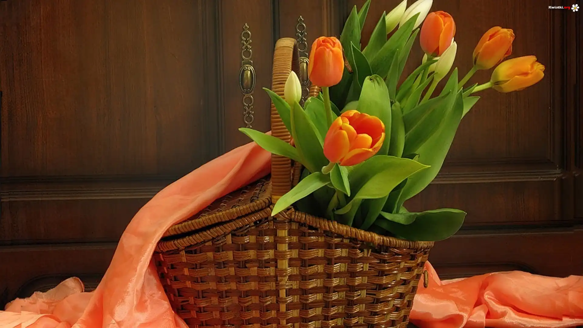 Wiklinowy, Kosz, Pomarańczowe, Tulipany, Atłas
